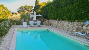 Une piscine rectangulaire bordée de pierres, entourée d’un muret et d’une haie. On y trouve des chaises longues et des parasols à proximité du bassin.