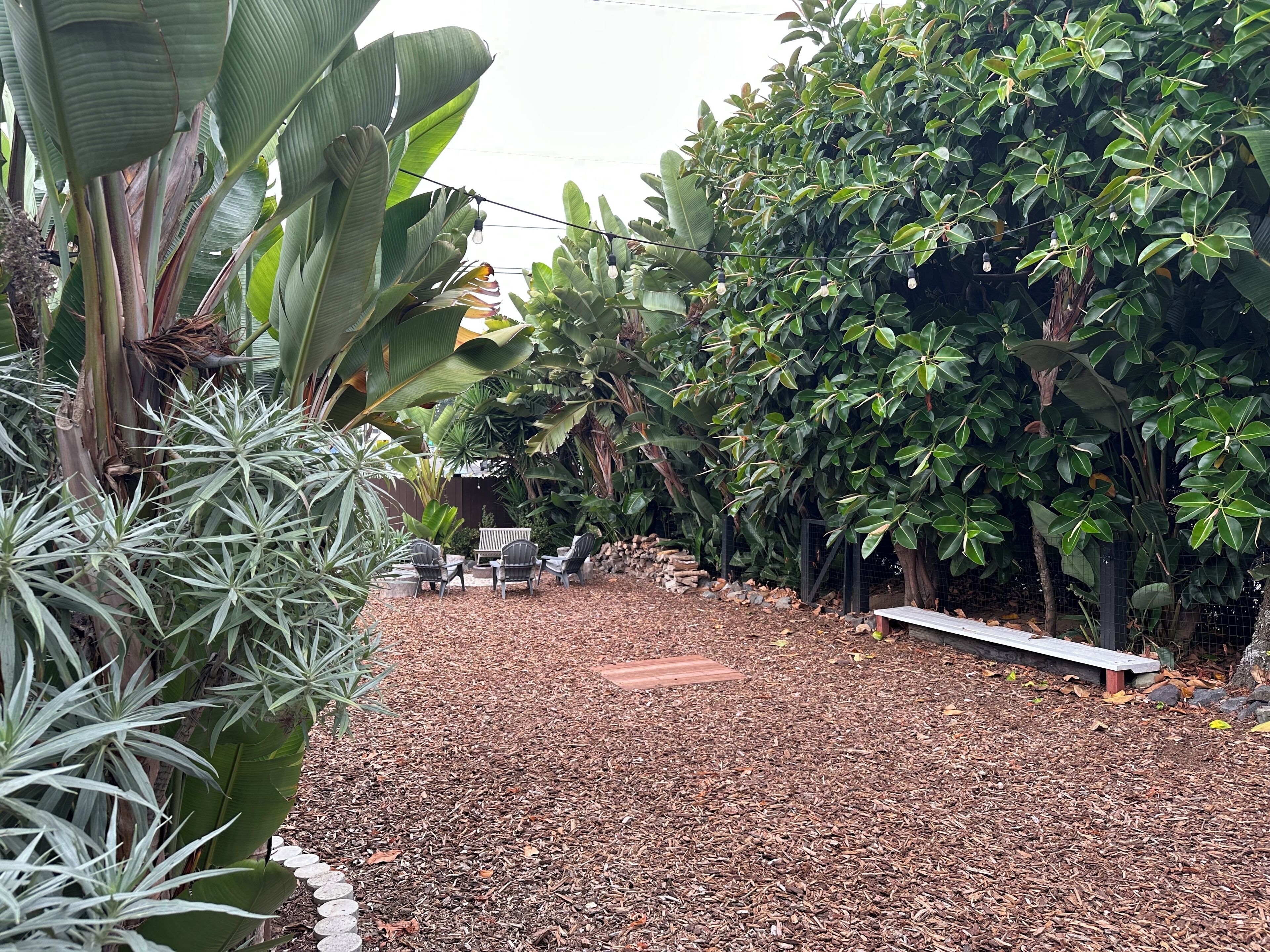 A garden area with a seating arrangement and a pathway covered with mulch.