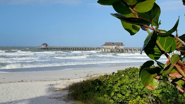 A beach with a pier extending into the ocean, a building on the pier, and vegetation in the foreground. - CONDO BY THE BEACH #2 (Naples)
