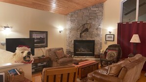 A cozy living room with a stone fireplace, leather sofas, and a television. - Luxury Panorama home on the hill (Panorama)
