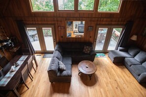 Smart TV, fireplace, books