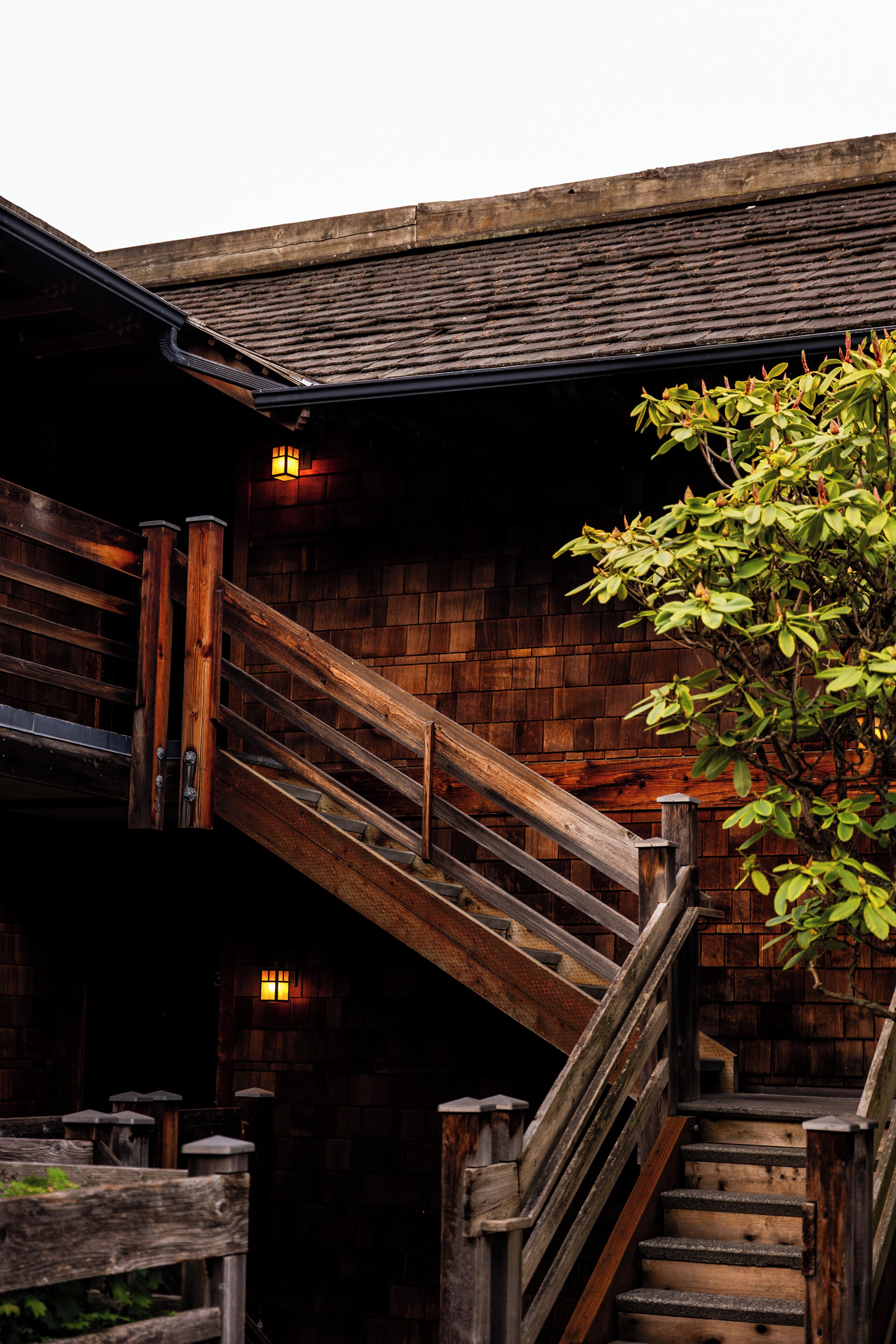 A wooden staircase leading to an upper level with a brick wall and a small tree.