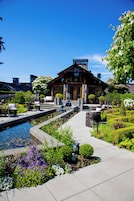A modern house with a pool, surrounded by well-maintained gardens and outdoor seating.