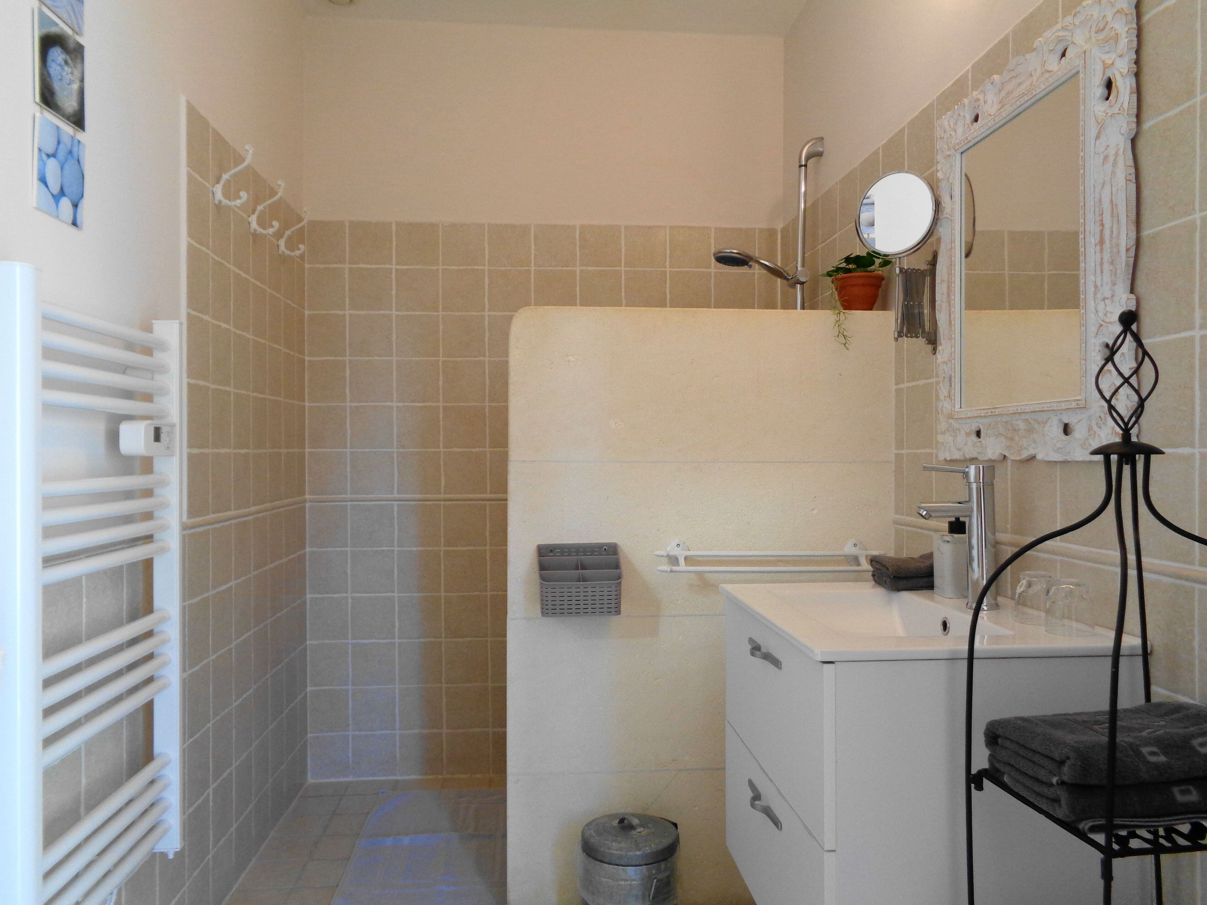 Ein Badezimmer mit Dusche, Waschbecken, Spiegel und Handtuchhalter.