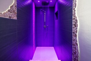 Een douche, een haardroger, een bidet, handdoeken
