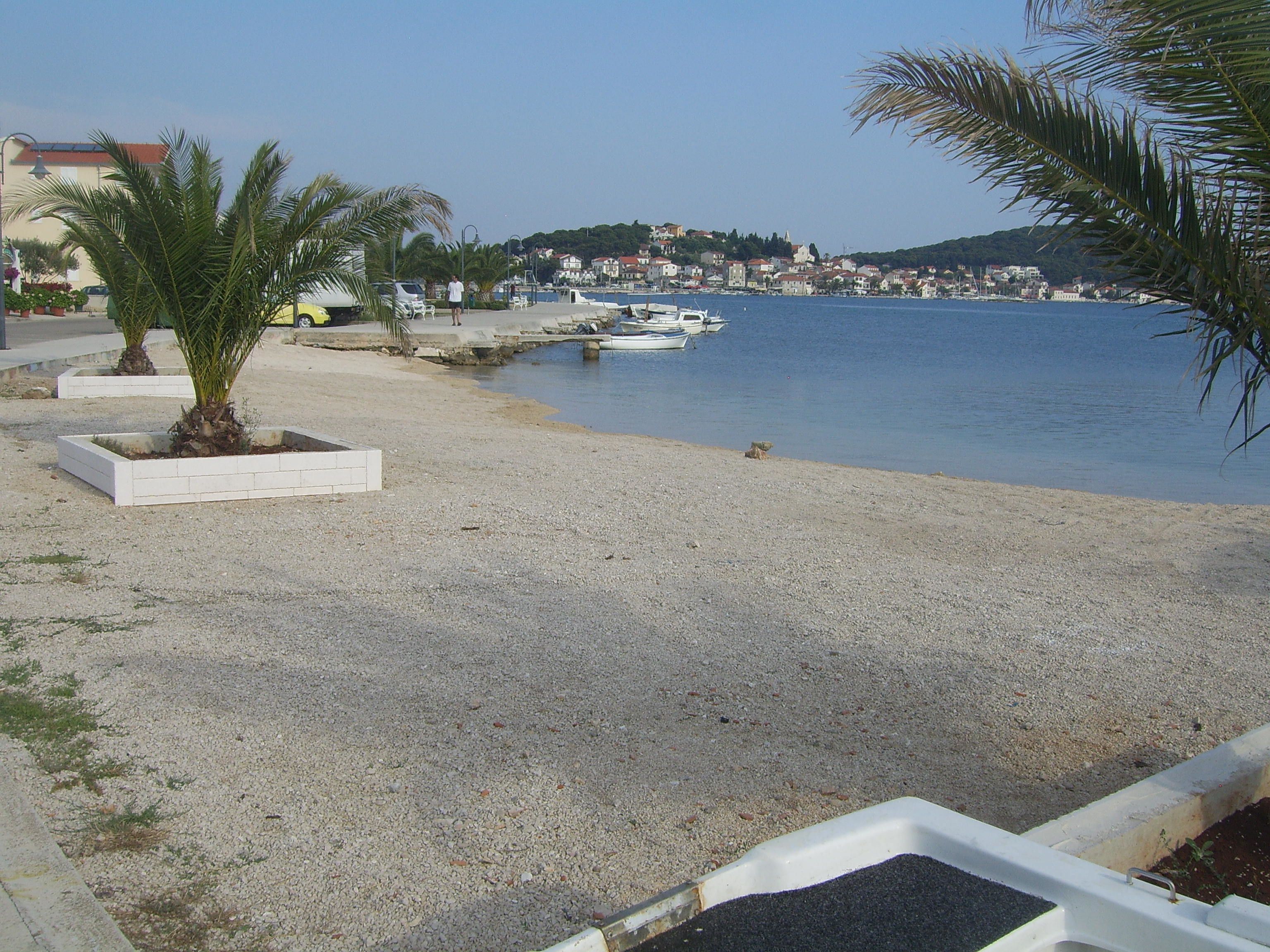 A pebbled beach with palm trees and boats.