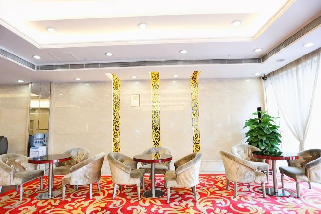 Quarto de hotel com carpete vermelho, um espelho grande e uma planta.