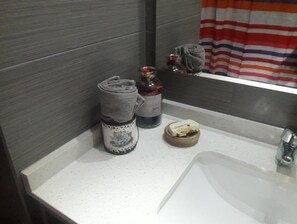 Hair dryer, towels, toilet paper