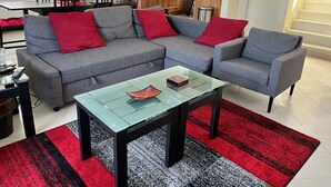 Ein modernes Wohnzimmer mit einem grauen Sofa, roten Kissen, einem Glastisch und einem Teppich mit roten und schwarzen Streifen.