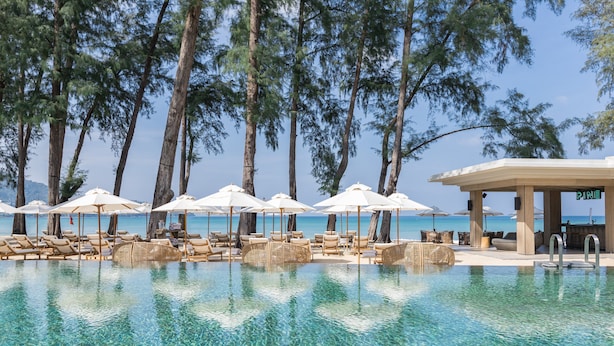 An infinity pool with clear water, surrounded by lounge chairs and umbrellas, with a view of the ocean and tall trees in the background.