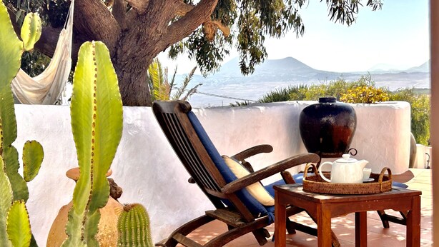 A terrace with a chair, a table with a teapot, and a cactus plant.