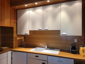 A modern kitchen with a built-in dishwasher, a sink, and a coffee maker. - Chalet-style apt 4/5 pers, center of resort, 50m from slopes (Pra-Loup)