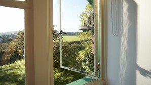 Una ventana con vista a un césped verde y un edificio a lo lejos.