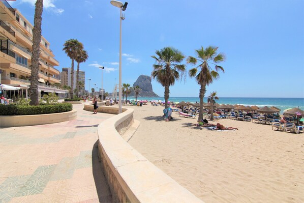 A beach with palm trees, beach umbrellas, and lounge chairs. - ACARI0406-1ºlínea Playa-Wifi y Garaje Gratis. (Calpe)