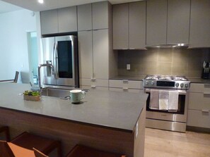 Fridge, microwave, oven, stovetop