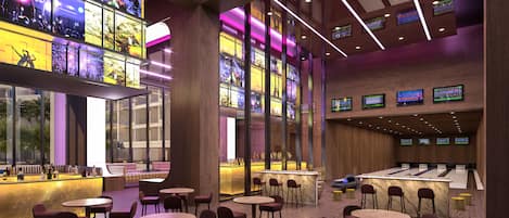 A modern bar area with multiple seating options and large windows.