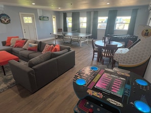 Smart TV, fireplace, video games, DVD player