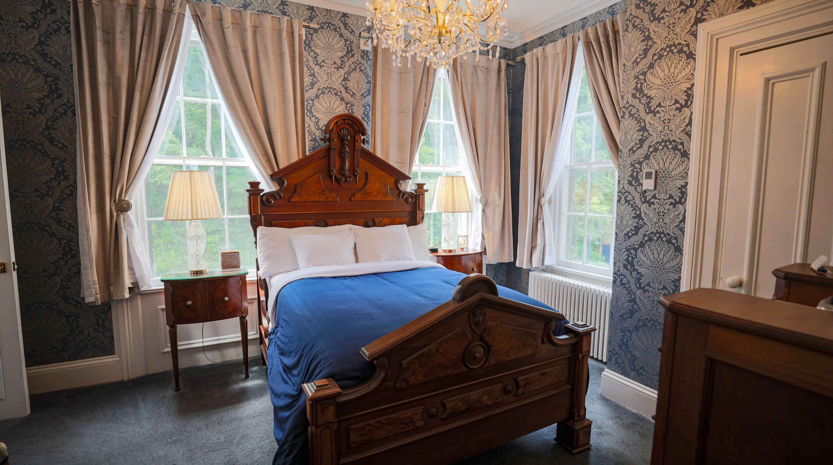 Victorian Inn Forest Room | Premium bedding, pillowtop beds, iron/ironing board, free WiFi