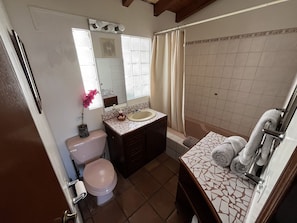Hair dryer, towels, toilet paper