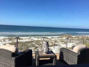 On the beach, sun loungers