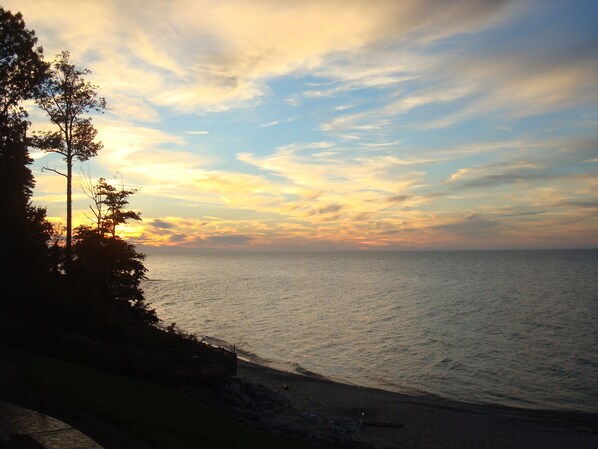 Sonnenuntergang an der Küste mit Bäumen und ruhiger See.