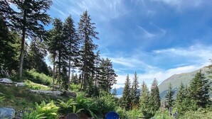 A circular seating area with Adirondack chairs and a metal fire pit surrounded by gravel, set against a backdrop of tall trees and a clear sky. - Dream Views & Chef's Kitchen-Modern, Mountain Home w/ Hot Tub (Anchorage)