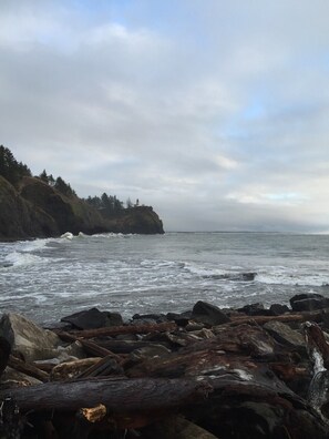 A rocky shoreline with waves crashing against the rocks. - The whales are spouting and breaching, watch from our front windows and deck! (Long Beach)