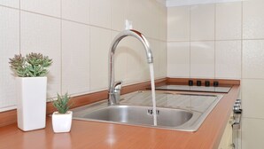 A modern kitchen with a stainless steel sink, a faucet, and two potted plants on the counter. - LUKAS 1, charming 2-bedroom apartment (Okrug Gornji)
