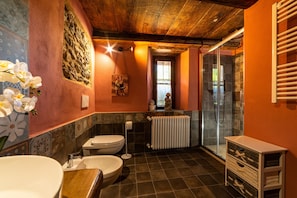 Regadera, secadora de cabello, bidet, toallas