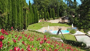 A pool area with a stone wall, lounge chairs, and a grassy landscape with cypress trees. - Casa Acacia, an ancient tower nestled in the green hills of San Giminiano (San Gimignano)