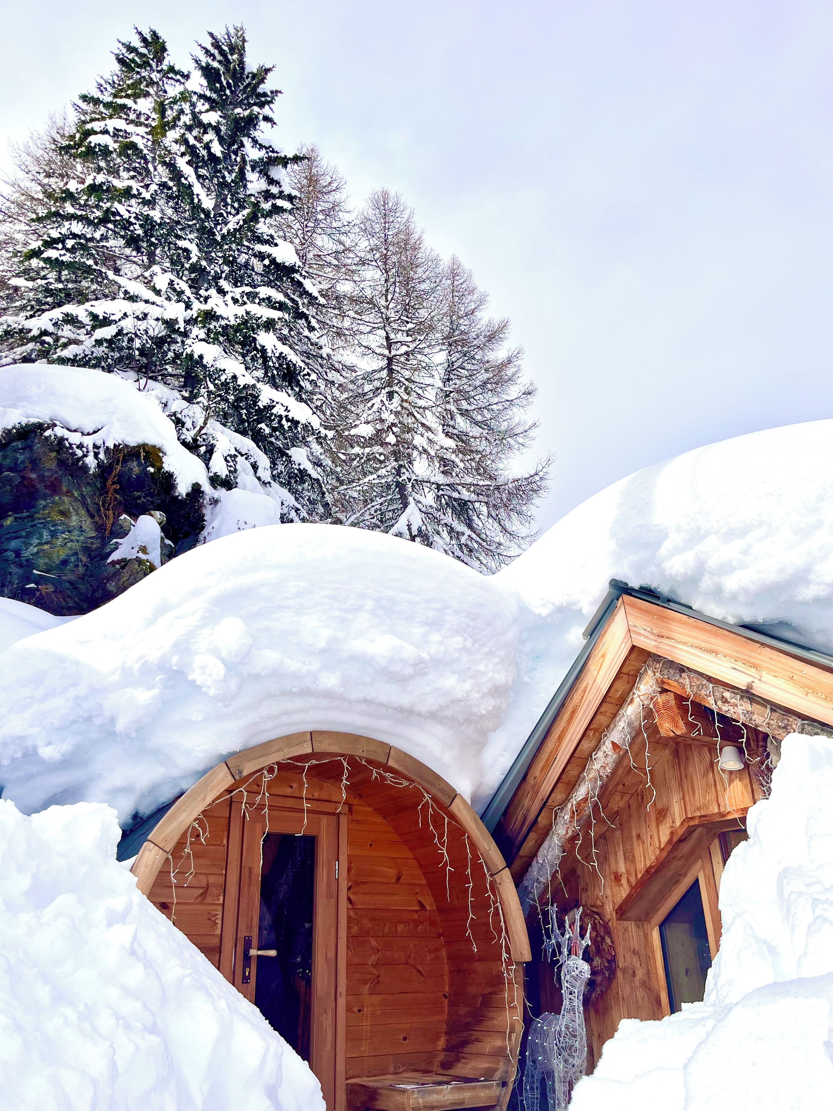 A wooden cabin with a snow-covered roof and a wooden door.