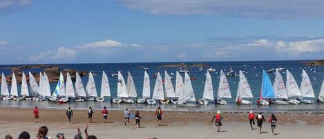 On the beach, sun loungers