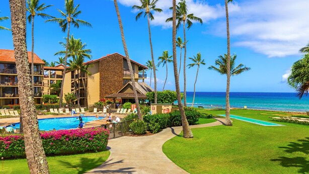 A resort with a pool, palm trees, and a view of the ocean.