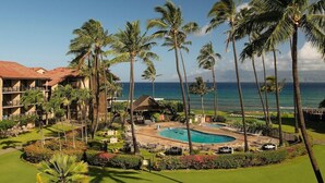 A resort with a swimming pool, palm trees, and a view of the ocean.