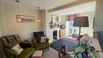 Télévision, cheminée, livres