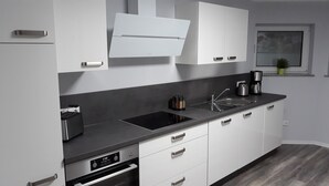 A modern kitchen with white cabinets, a black countertop, and stainless steel appliances including a dishwasher and an induction cooktop. - Vacation apartment Meyer with private pool and garden sauna, exclusive FEWO. (Mähren)
