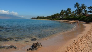 A beach with clear water, palm trees, and a distant mountain. - Wailea Ekahi 45B-Newly Remodeled Kitch, Large Lanai, Pool #3 w/BBQ (Kihei)