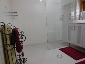 Hair dryer, towels, soap, shampoo