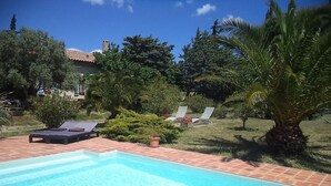 A swimming pool with lounge chairs and a garden area. - Former sheepfold with swimming pool, among the pines, near the sea. (Aude)