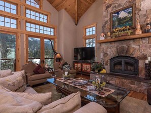 TV, caminetto, lettore DVD, libri