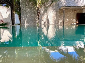 Une piscine aux eaux cristallines, bordée d’un mur de pierre et entourée de palmiers.