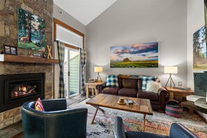 Smart TV, fireplace, DVD player, books