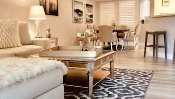 Smart TV, fireplace, books, video library
