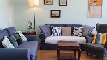 Smart TV, DVD player, livros, biblioteca musical