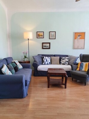 Älytelevisio, DVD-soitin, kirjoja, musiikkikirjasto