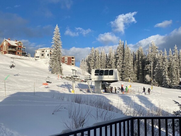 A ski resort with a chairlift, snow-covered trees, and buildings in the background.
