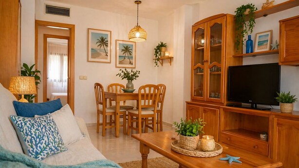 Un soggiorno con divano, tavolo da pranzo in legno, sedie, televisione e un mobile.