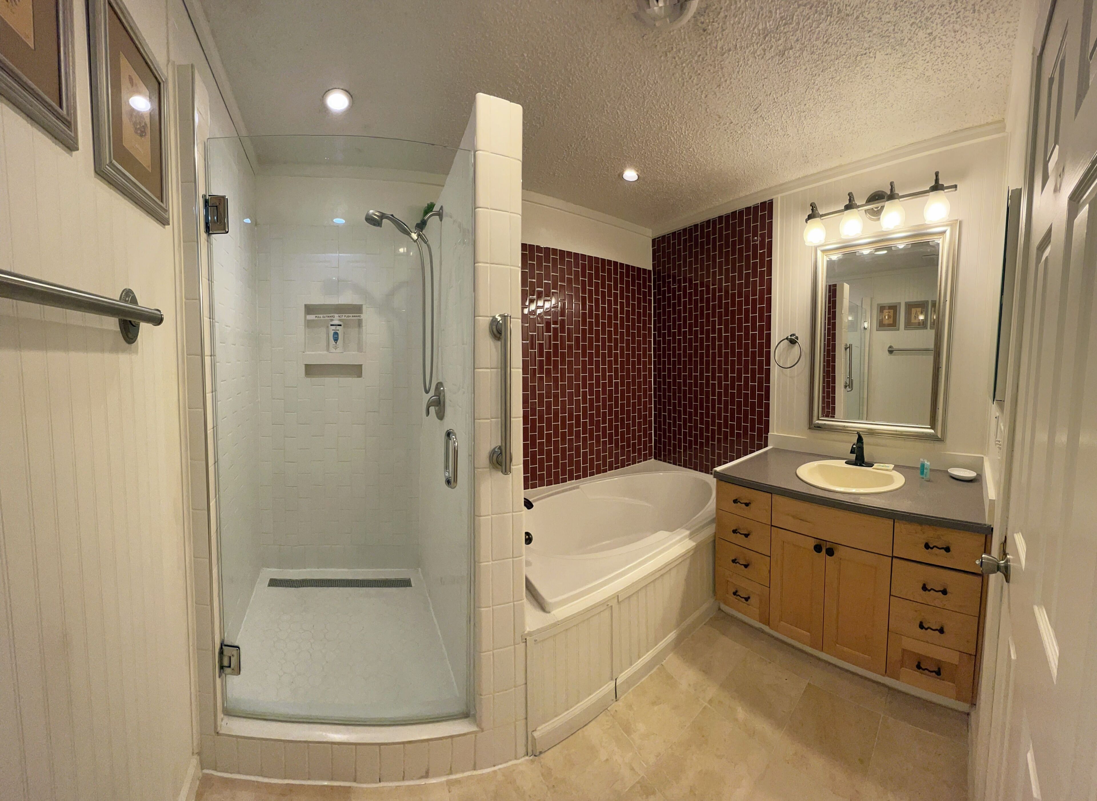Bathtub, hair dryer, towels, soap