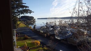 A marina with boats docked, a grassy area with a pathway, and a view of a body of water and distant land.