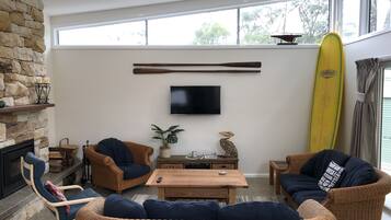 Smart TV, fireplace, DVD player, books